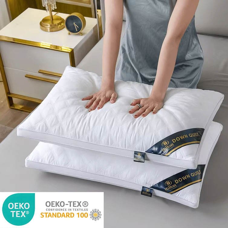 Low Price Hilton Pillow Double Edge Wrapping Bed Pillow 800g High Weight Filling Feather Velvet Neck Pillow for Sleeping