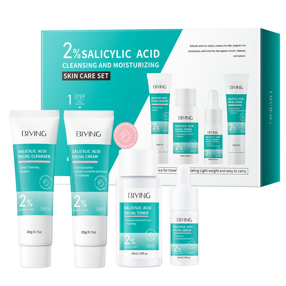 Private Label Salicylic Acid Acne Care Set Acne Prone Skin Repair 4 Piece Face Care Set Containing Serum Cleanser Cream Toner