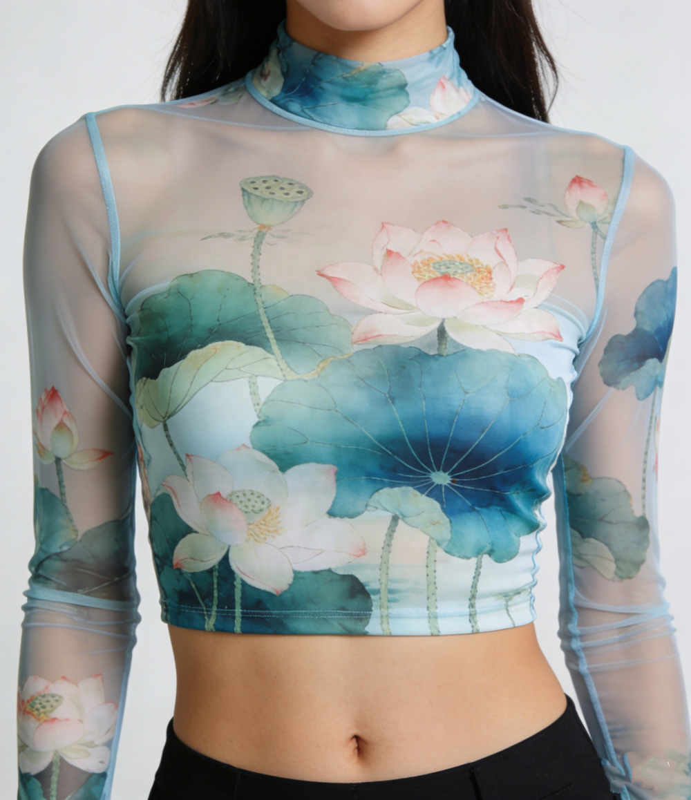 Custom Printed Mesh Sheer Transparent Turtleneck Crop Top Women Blouse