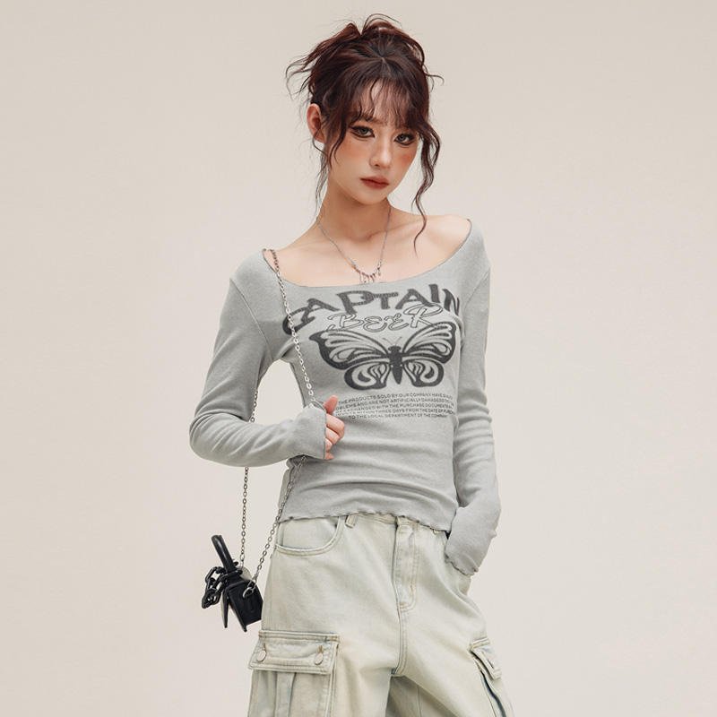 High Street Summer Casual Women's Printed Long Sleeved Tight T-shirt Top Dtg Printing Vintage T Shirt