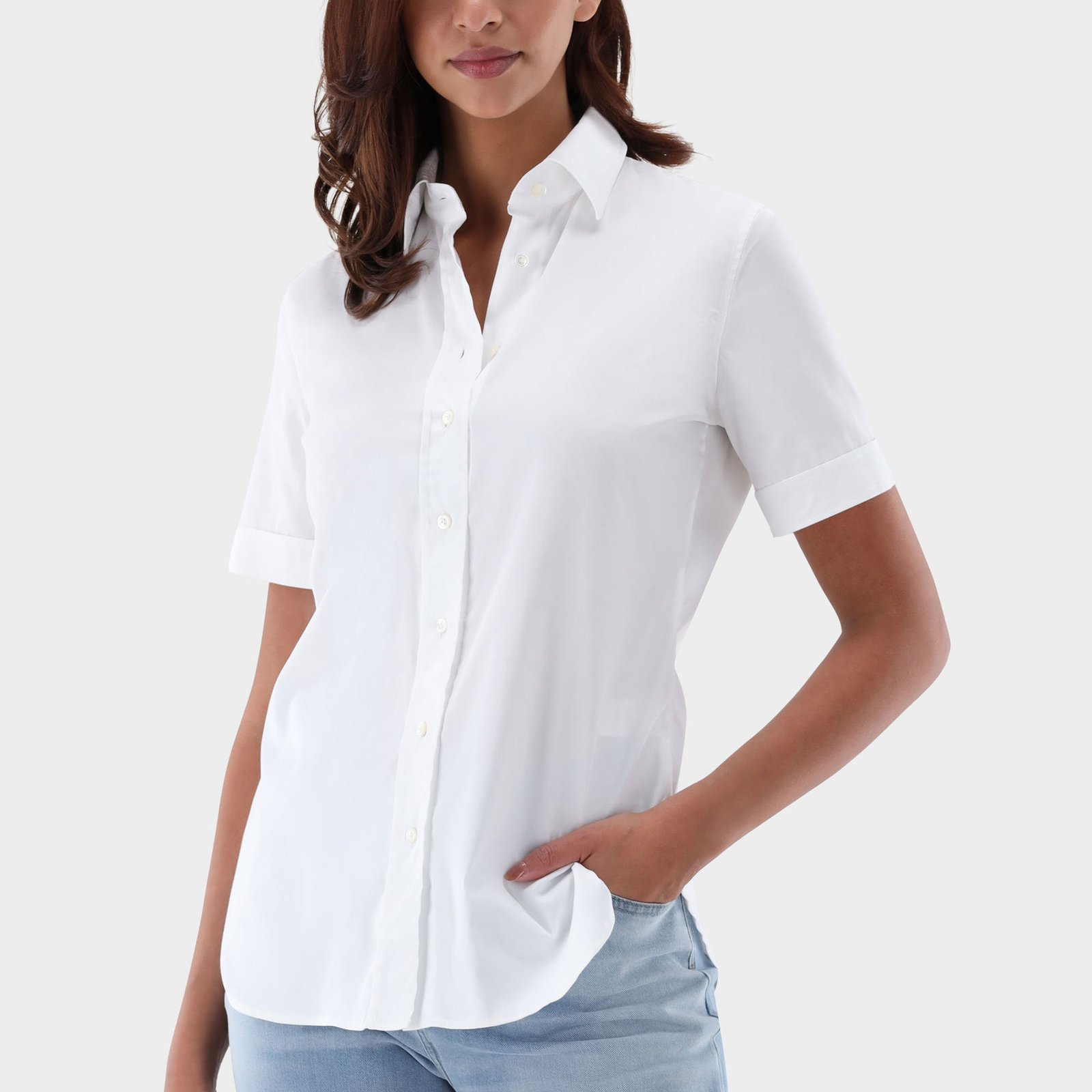Factory Custom Logo Formal Shirt for Women Poly-Cotton White Short Sleeve