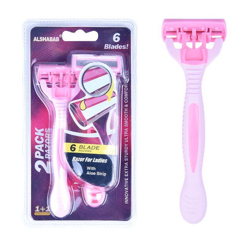 Hot Sale Disposable Women's Hotel Stainless Steel Safety Razor with Six Blades and Rubber Handle Pink