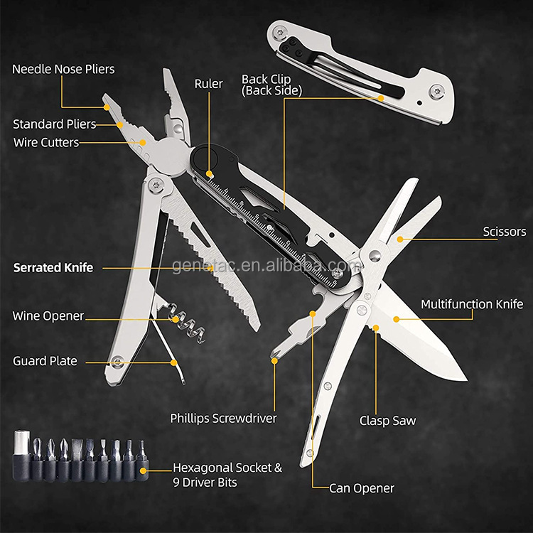 OEM Industrial Camping Gift Foldable Multitool Pliers Screwdriver Blade Knife Wrench Ruler File Lighter Strips for Outdoor Use
