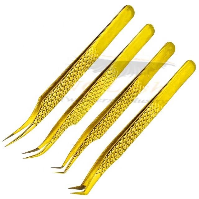 Gold Color Pointed Fiber Stainless Steel Tweezers Eyebrow Tweezer Diamond Grip Custom Logo Offer Custom Packing OEM