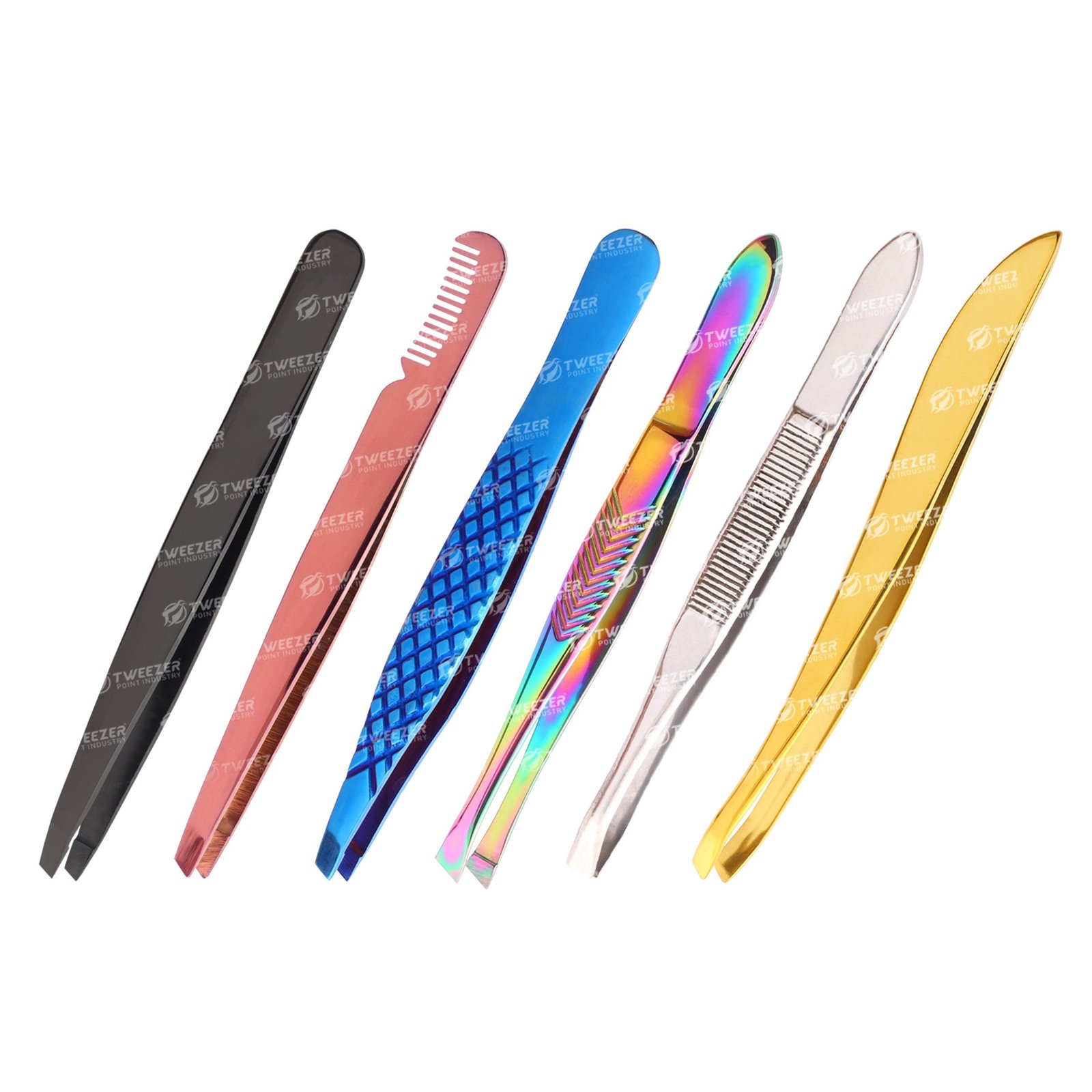 Professional Stainless Steel Eyebrow Tweezers Customized Comb Design Custom Logo Plasma Colors Slanted Tip Custom Packaging Size
