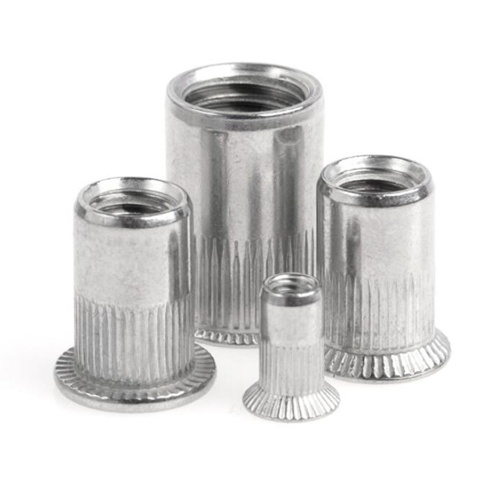 Ss304 Stainless Steel A2-70 Rivet Nuts Supplier M4 M5 M6 M8 M10 M12 Flat Head Open End Knurled Body Insert Riveted Nuts
