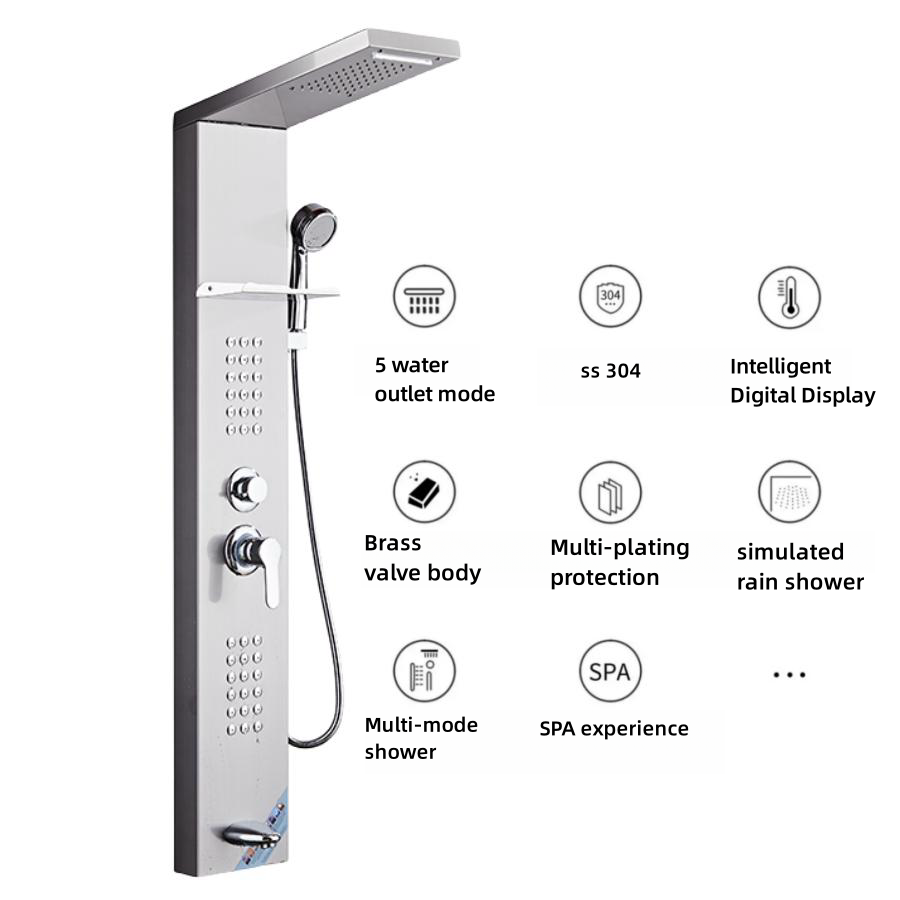Ares Idealex Brushed Stainless Steel LED Rainproof Shower Panel Tower System Waterfall and Massage Body Jets for Bathroom