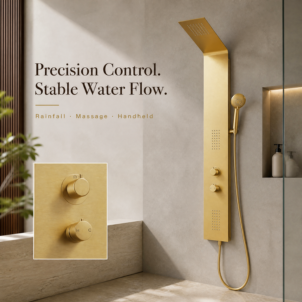 Ultra-thin Brushed Gold Shower Panel Stainless Steel Rainfall Tower Massage Body Jets Waterfall Bathroom Mixer Ceramic Hotel