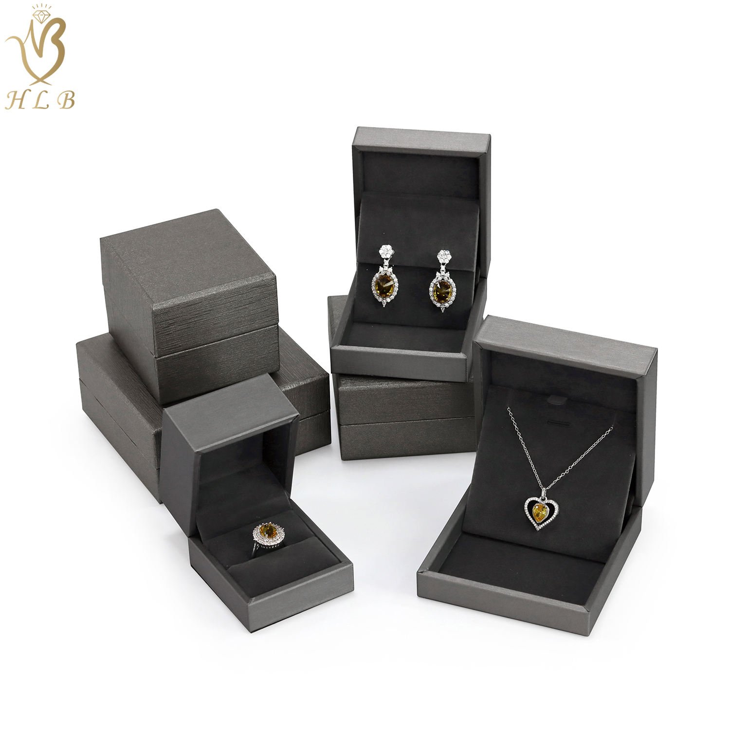 Factory Price 24H Shipping Bulk Stock Popular PU Leather Jewellery Box Package Set Grey Ring Necklace Jewelry Package Box