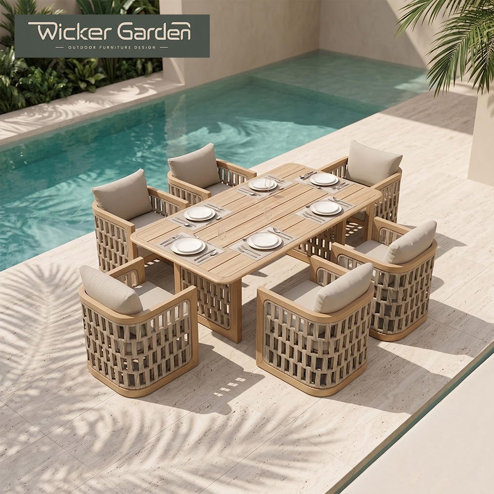 Modern Outdoor Dining Seating Set Aluminum Frame Fabric Rainproof Material Rope Weaving UV Resistant Waterproof for Gardens