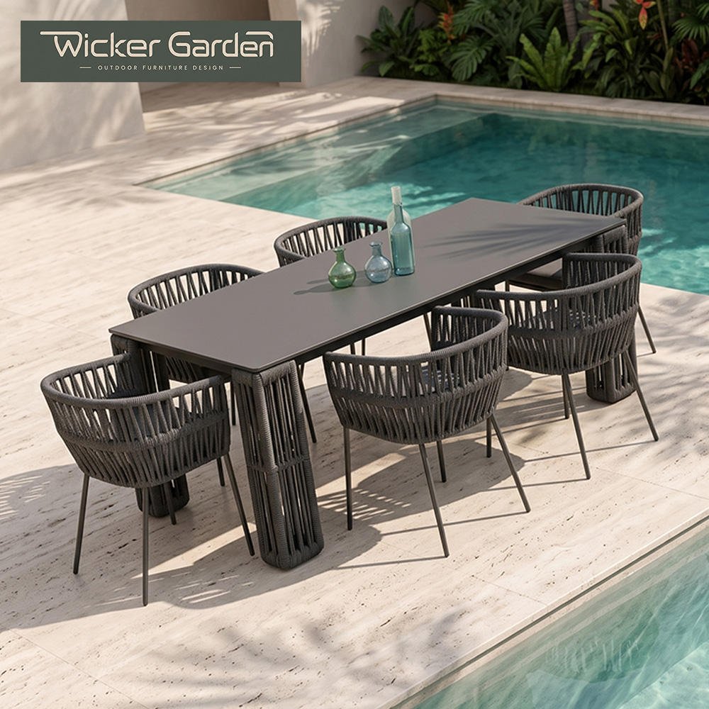 Modern Marble Tabletop Powder-Coated Aluminum Frame Outdoor Dining Table Chair Set with UV & Weather Resistant Rope-Woven Chairs