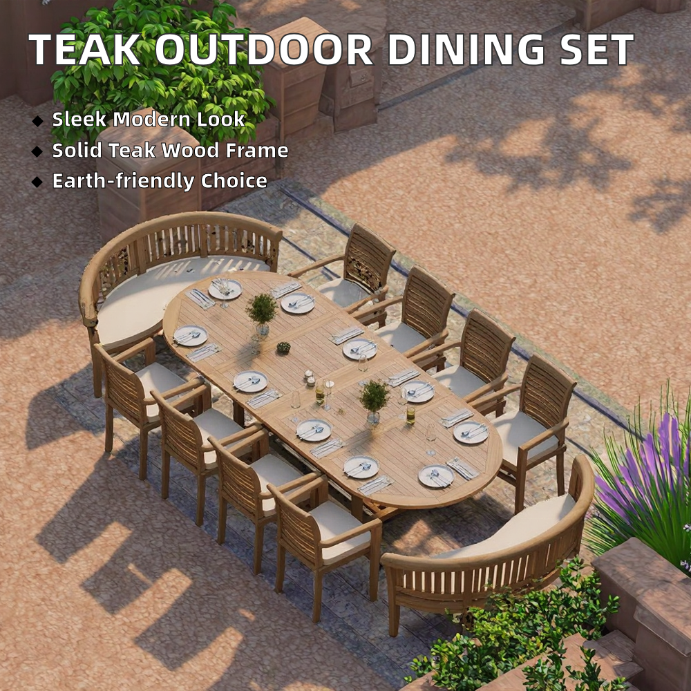 Modern Luxury Solid Teak Wood Oval Garden Table Set Outdoor Patio Furniture 10 Seats Table Chairs Set Extendable Courtyard Villa