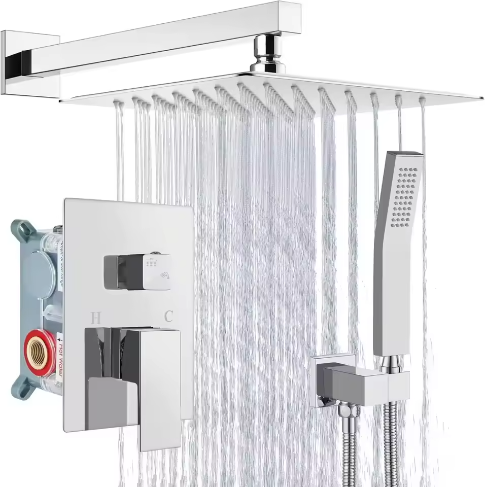 8Inch Modern SUS304 Stainless Steel Rainfall Shower Set 2-Function Square Wall Mount Mixer with High Pressure Handheld Sprayer