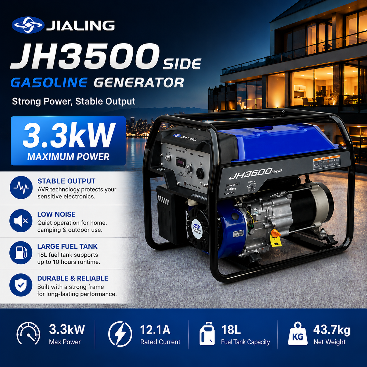 JIALING JH3500 Single Phase Recoil Start Gasoline Generator Set 2.8-3.3kW 211ml 18L Fuel Tank Portable Power Generator